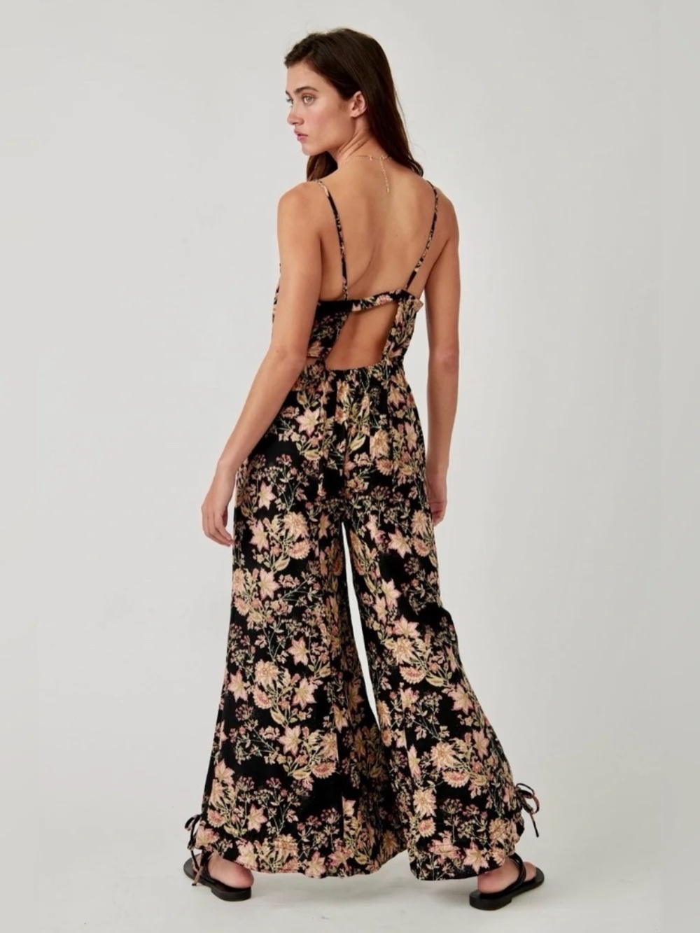 Free People Stand Out Floral Wide Leg Jumpsuit Black Combo Size L NWT